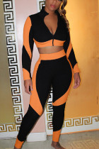 Orange Casual Polyester Solid Split Joint O Neck Long Sleeve Regular Sleeve Short Two Pieces