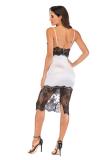 Gold Polyester Fashion Sexy Off The Shoulder Sleeveless Slip Slim Dress Mid-Calf backless Patchwork lace