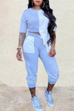 Light Blue Fashion Casual Patchwork Asymmetrical O Neck Short Sleeve Two Pieces
