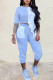 Light Blue Fashion Casual Patchwork Asymmetrical O Neck Short Sleeve Two Pieces