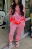 Pink Casual Print Patchwork Hooded Collar Long Sleeve Two Pieces
