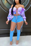 Pink One word collar Long Sleeve Print Tops