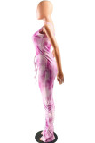 purple Fashion street Print Tie-dyed Sleeveless Square Jumpsuits