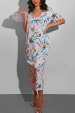 Blue Polyester Fashion adult England Ma'am Cap Sleeve Short Sleeves V Neck Step Skirt Mid-Calf Print Dresses