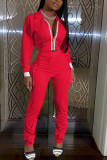 Red Fashion Casual Adult Polyester Solid Split Joint Turndown Collar Long Sleeve Regular Sleeve Regular Two Pieces