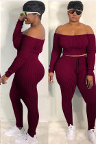 Wine Red Polyester Fashion adult Street Solid backless Patchwork Two Piece Suits pencil Long Sleeve