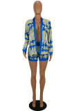 Blue Elastic Fly Mid Print Straight shorts Two-piece suit