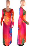 Red Casual Patchwork Tie-dye One Shoulder Pencil Skirt Dresses