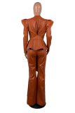 Tangerine Red Sexy Solid Patchwork V Neck Long Sleeve Two Pieces