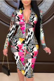 Blue Sweet Print Split Joint V Neck Pencil Skirt Dresses