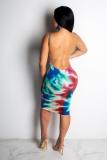 Blue Polyester Sexy Fashion Spaghetti Strap Sleeveless Slip Step Skirt Mid-Calf backless Print Bloom asym