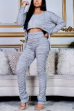 White Fashion British Style Adult Polyester Solid Draw String Fold O Neck Long Sleeve Regular Sleeve Short Two Pieces