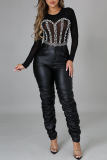 Red Sexy Solid Pearl O Neck Skinny Bodysuits