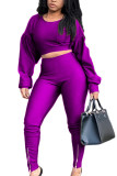 purple Street Solid Hollowed Out Patchwork O Neck Long Sleeve Hubble-Bubble Sleeve Short Two Pieces