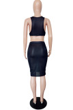 Black adult Sexy Fashion Solid Mesh Patchwork Two Piece Suits perspective Hip skirt Sleeveless