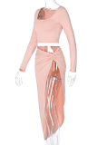Pink Street Solid Patchwork High Opening Square Collar Long Sleeve Two Pieces