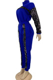 Yellow Polyester Sexy Solid Sequin Patchwork Two Piece Suits asymmetrical pencil Long Sleeve
