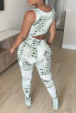 Green Sexy Print Split Joint U Neck Skinny Jumpsuits