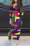 multicolor Sexy Long Sleeves O neck A-Line Ankle-Length Print Mesh Dresses