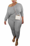 Grey Fashion Sexy Adult Ma'am Cotton Solid Two Piece Suits Stitching O Neck Plus Size