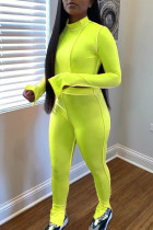 Fluorescent green Street Polyester Solid Split Joint O Neck Long Sleeve Short Two Pieces
