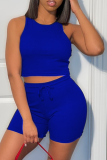 Blue Sexy Solid Patchwork U Neck Sleeveless Two Pieces