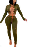 Green Sexy Solid Split Joint O Neck Long Sleeve Regular Sleeve Short Two Pieces