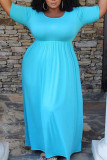 Blue Polyester Sexy O Neck Solid Draped Draped Plus Size
