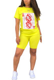 Fluorescent green Cotton Fashion adult Ma'am Street Print Two Piece Suits Straight Short Sleeve Two Pieces