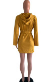 Yellow Polyester Street lantern sleeve Long Sleeves Hooded A-Line Knee-Length fastener Solid Casual Dresse