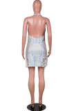White Sexy Ripped Hollowed Out Sequins See-through Backless Slit Halter Mini Dress Dresses