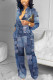 Blue Elegant Print With Belt O Neck Regular Jumpsuits