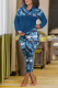 Blue Casual Sweet Print Camouflage Print O Neck Long Sleeve Two Pieces