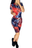 Dark Red venetian Fashion Casual Print Tie Dye Two Piece Suits pencil Short Sleeve Two Pieces