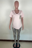 Black Fashion Casual Leopard Printing V Neck Short Sleeve Two Pieces