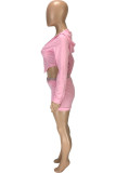 Pink Polyester Casual Patchwork Solid asymmetrical Zippered pencil Long Sleeve Two Pieces