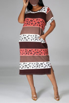 Brown Fashion Casual Print Slit O Neck Short Sleeve Dress