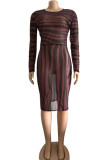 Wine Red Polyester Fashion Sexy adult Ma'am Cap Sleeve Long Sleeves O neck Princess Dress Knee-Length Striped Dresses