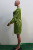Green Polyester Sexy Cap Sleeve Long Sleeves V Neck Swagger Knee-Length Solid Long Sleeve Dresses