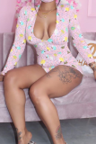 Pink Casual Print Patchwork V Neck Skinny Rompers