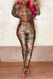 Multicolor Fashion Sexy Print See-through O Neck Long Sleeve Two Pieces