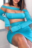 Blue Casual Solid Split Joint Half A Turtleneck Long Sleeve Two Pieces