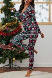 Black Sexy Print Patchwork V Neck Skinny Jumpsuits