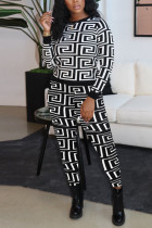White Fashion Casual Print Split Joint O Neck Long Sleeve Two Pieces