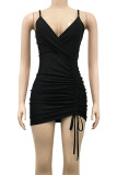 Ink Green Sexy Patchwork Frenulum Fold Asymmetrical Spaghetti Strap Wrapped Skirt Dresses
