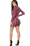 Red venetian Sexy Plaid Two Piece Suits Print pencil Long Sleeve Two-Piece Dress
