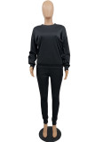 Black Casual Solid Pocket O Neck Long Sleeve Two Pieces
