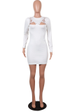 White Sexy Patchwork Bandage Hollowed Out O Neck Pencil Skirt Dresses