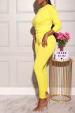 Yellow OL Solid Draped pencil Long Sleeve Two Pieces