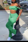 Green Casual Solid Boot Cut Sleeveless Two Pieces
